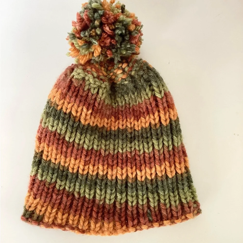 Hat Beanie Hand Crafted Baby Pom Pom Knit Green Rust Orange Knit Fall